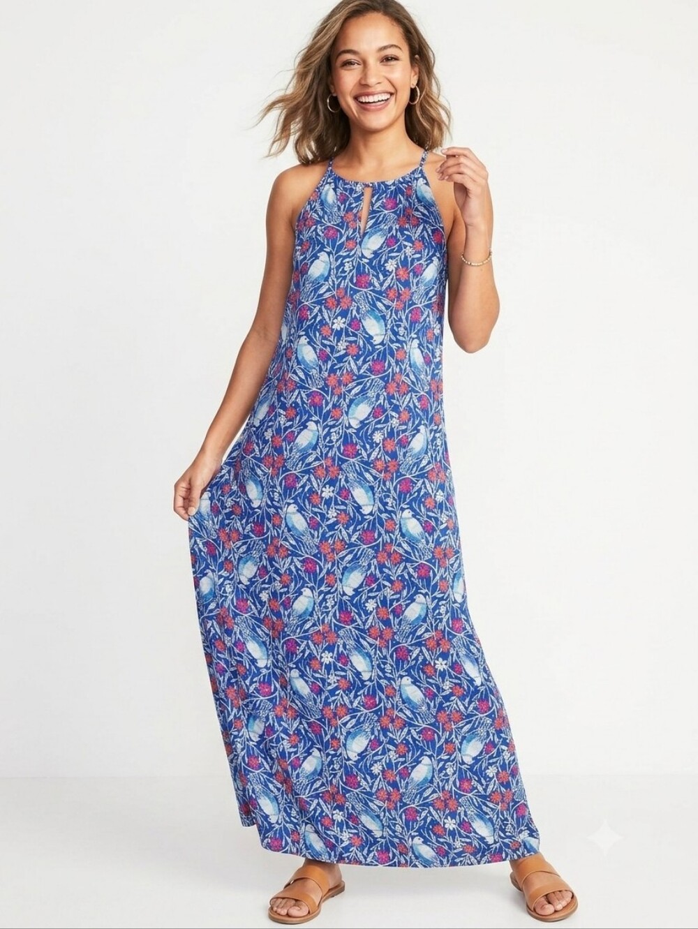 Old Navy Blue Floral Maxi Dress with Birds & Flowers